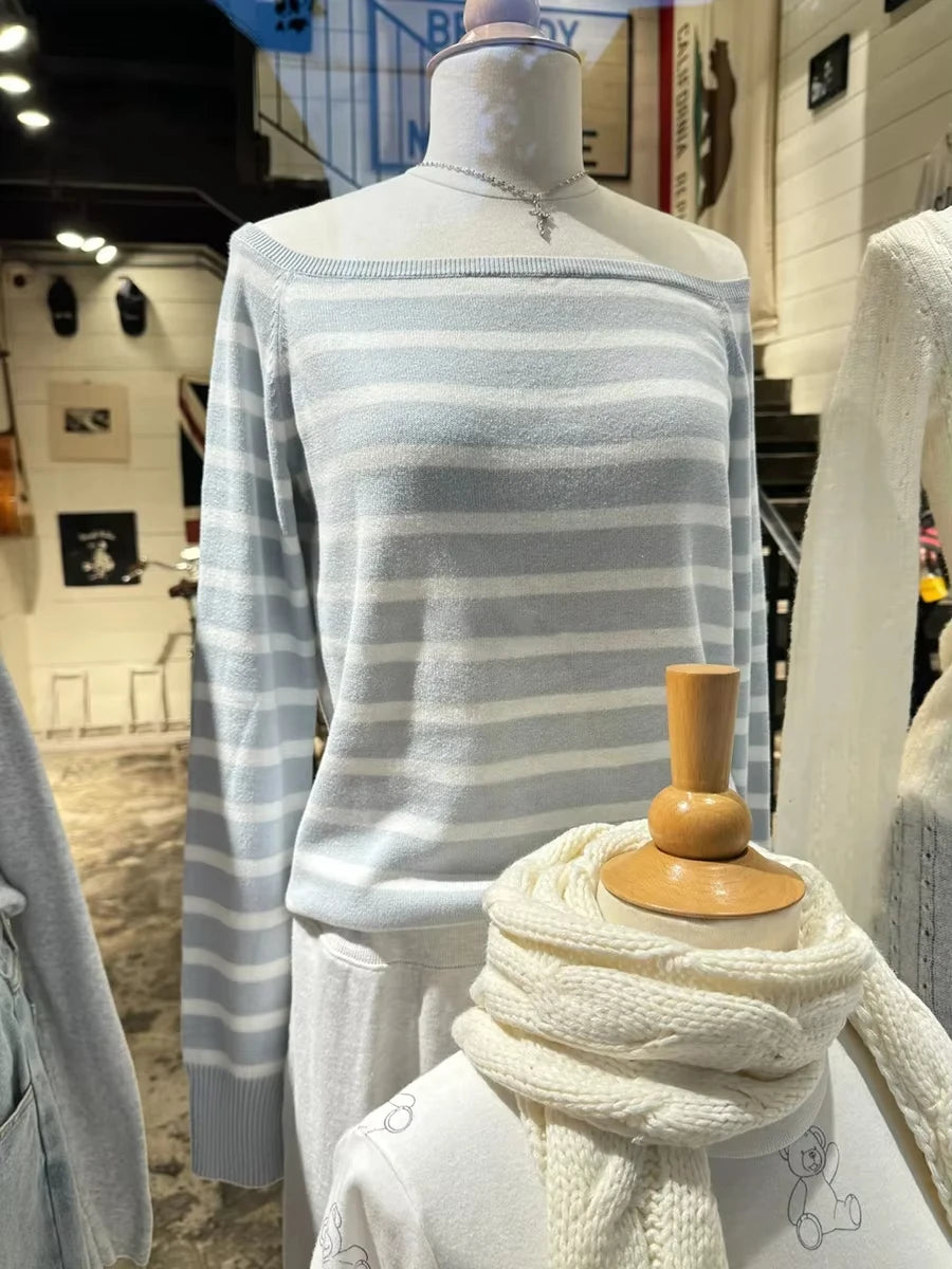 Red Striped Knit Sweater Women Autumn Streetwear Slash Neck Long Sleeve Pullovers Preppy Style New Sweet Casual Chic Jumpers Y2K