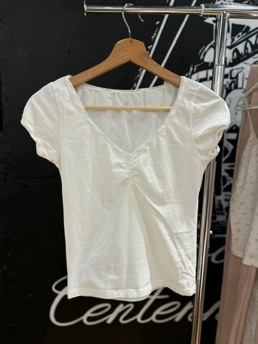 Floral Print Slim V-neck T-shirts Women Bow Sexy Folds Lace Trim Cotton Short Sleeve Tee Shirt Sweet Preppy Style Solid Crop Top