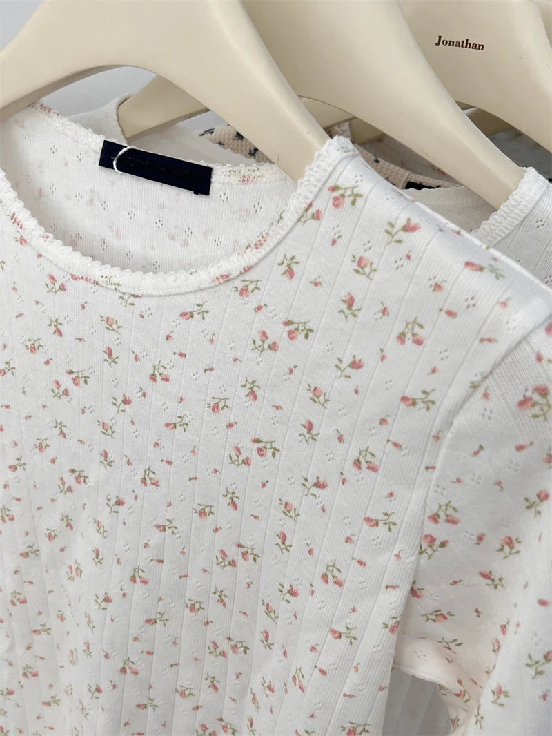 White Hollow Out T-shirts Women Cotton Soft Slim Raw Trim Crew Neck Long Sleeve Tops Clean Girl Vintage Cute Sweet Tees Clothes