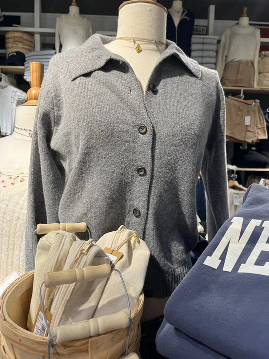 Preppy Style Gray Cotton Soft Sweaters Coat Women Chic Turn Down Collar Buttons Knitted Cardigan Sweet Simple Cute Sweater Tops