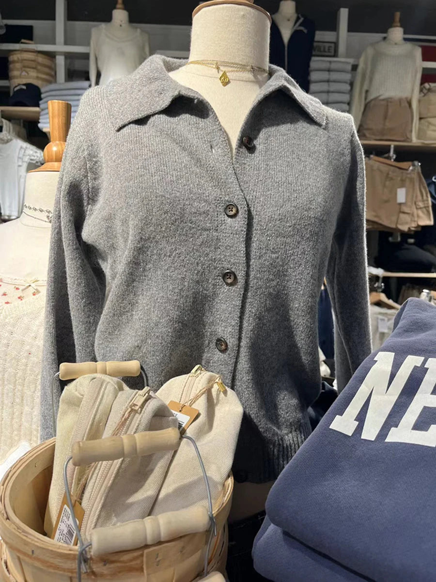 Sweet Simple Beige Buttons Knitted Cardigan Women Cotton Warm Turn Down Collar Sweaters Coat Vintage Cute Preppy Sweater Tops