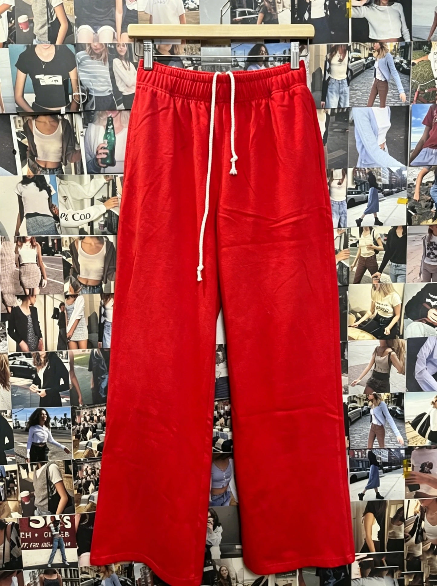 Red Vintage Drawstring Straight Sweatpants Women Chic High Waist Cotton Simple Sport Long Pant Sweet Casual Y2K Sweatpants New