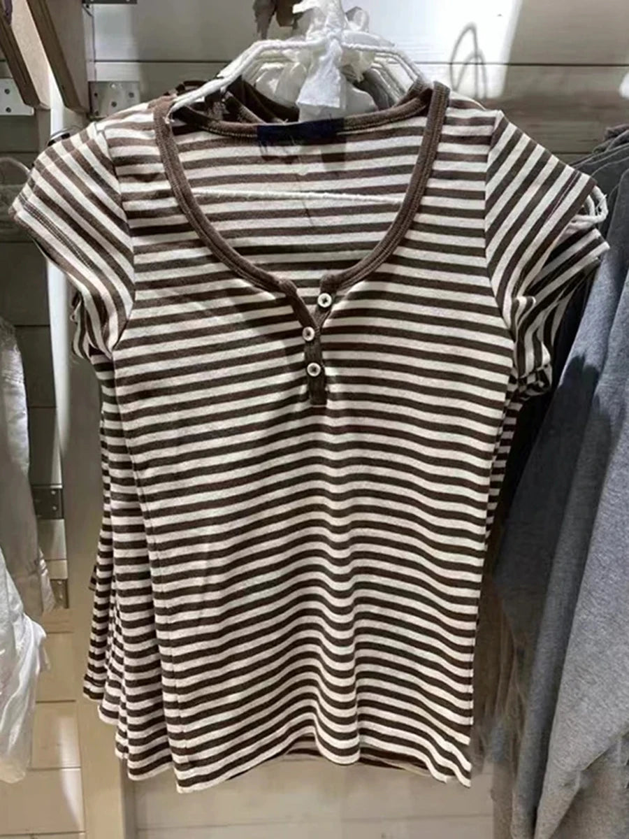 Sweet Little Pink Striped T-shirts Women New Cotton O-neck Casual Slim Buttons Short Sleeve Tees Cute Basic Girls Tshirt Y2K Top