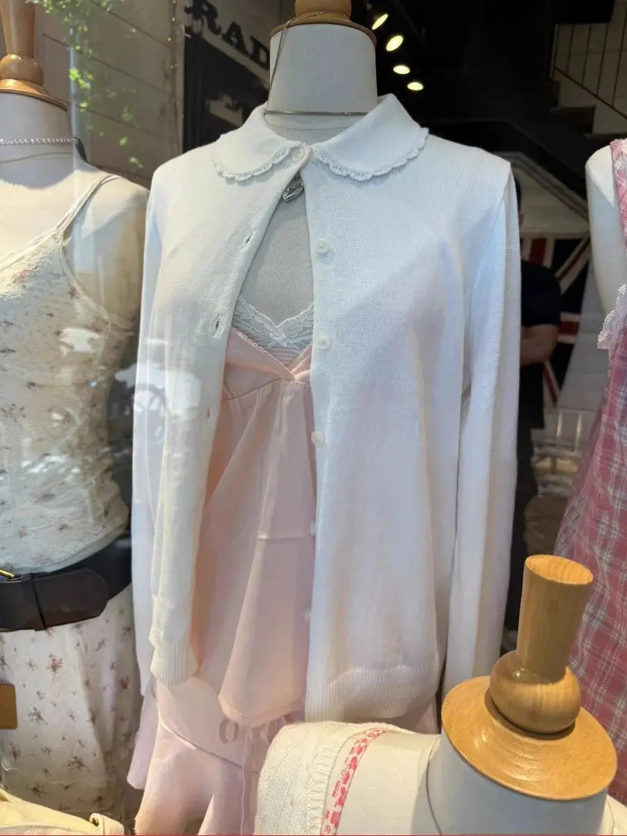 Pink Twist Babydoll Top Cardigan Women Autumn New Lace Trim Collar Cotton Buttons Knitted Jumper Sweet Cute Preppy Style Sweater