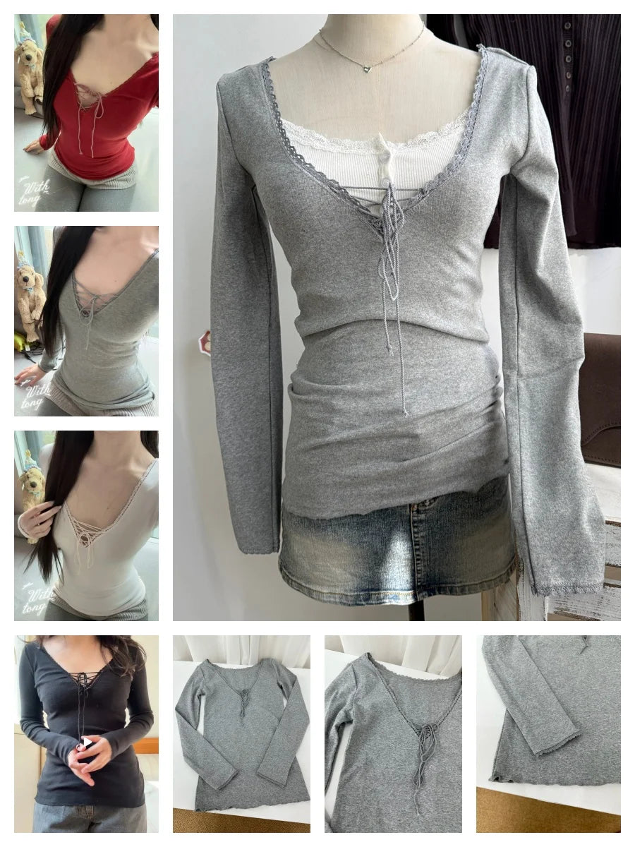 Lace Trim V-neck T-shirts Women Autumn New Sexy Streetwear Slim Lace-up Long Sleeve Tees Sweet Chic Preppy Style Tshirt Y2K