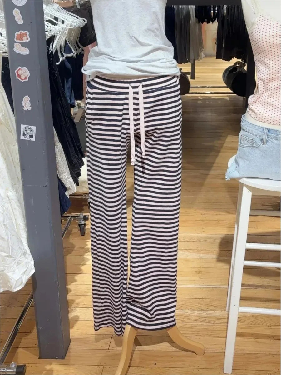 Cute Pink Striped Drawstring Wide Leg Pants Women Cotton Soft High Waist Casual Sweatpant Chic Sweet Preppy Style Y2K Trousers