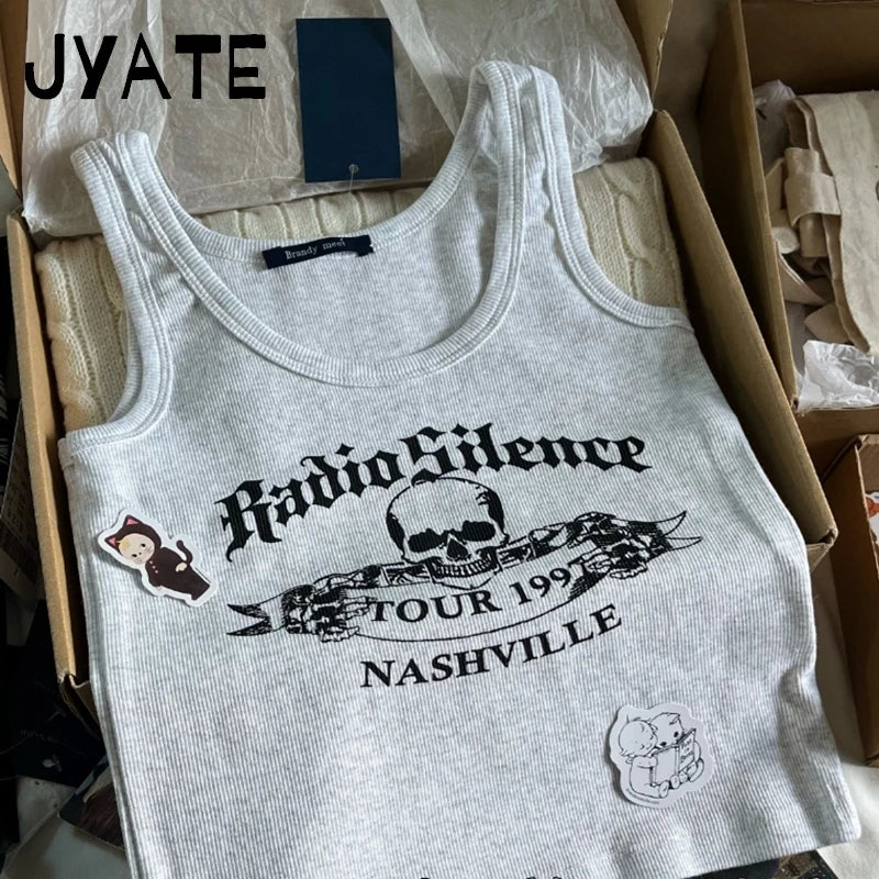 Harajuku Skull Print Ribbed Sleeveless Vests Women Summer New Cotton Streetwear Casual Camis Clothes Vintage Chic Y2K Tank Tops