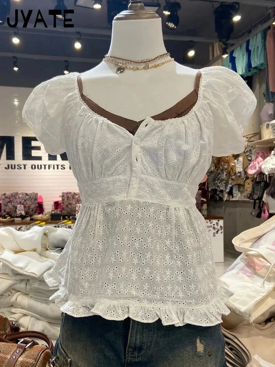 Fashion White Floral Embroidery Cropped Tees Women New Cotton Button V-neck Puff Sleeve Ruffles Tops Sweet Vintage Cute T-shirts