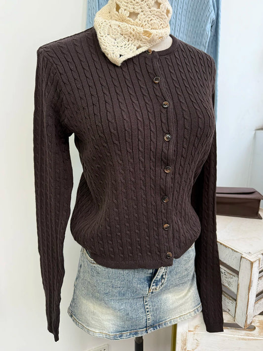 Brown Twsit Cardigan Women Spring Simple Casual Cotton Slim Button Long Sleeve Sweater Vintage Chic Preppy Style Sweaters Y2K