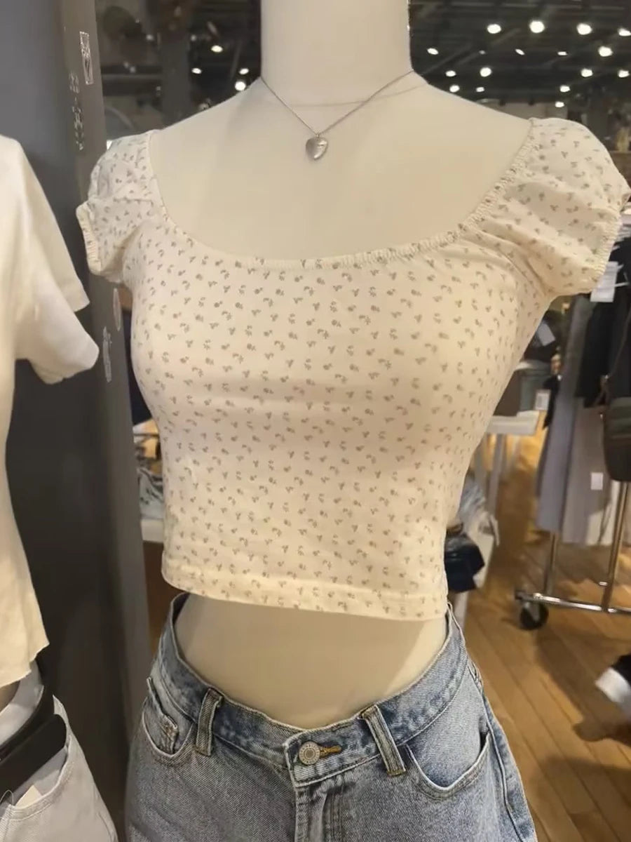 Sexy Green Floral Print Square Collar Crop Tops Women Casual Simple Slim Cotton Short Sleeve Tee Chic Sweet Vintage T-shirts Y2K