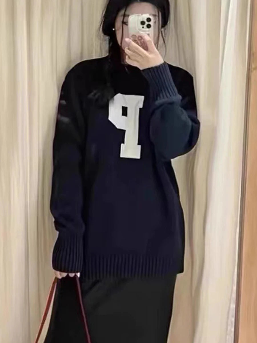 Simple Letter Embroidery Sweater Women American O-neck Street Loose Cotton Knitted Pullover Tops Vintage Harajuku Jumper Y2K