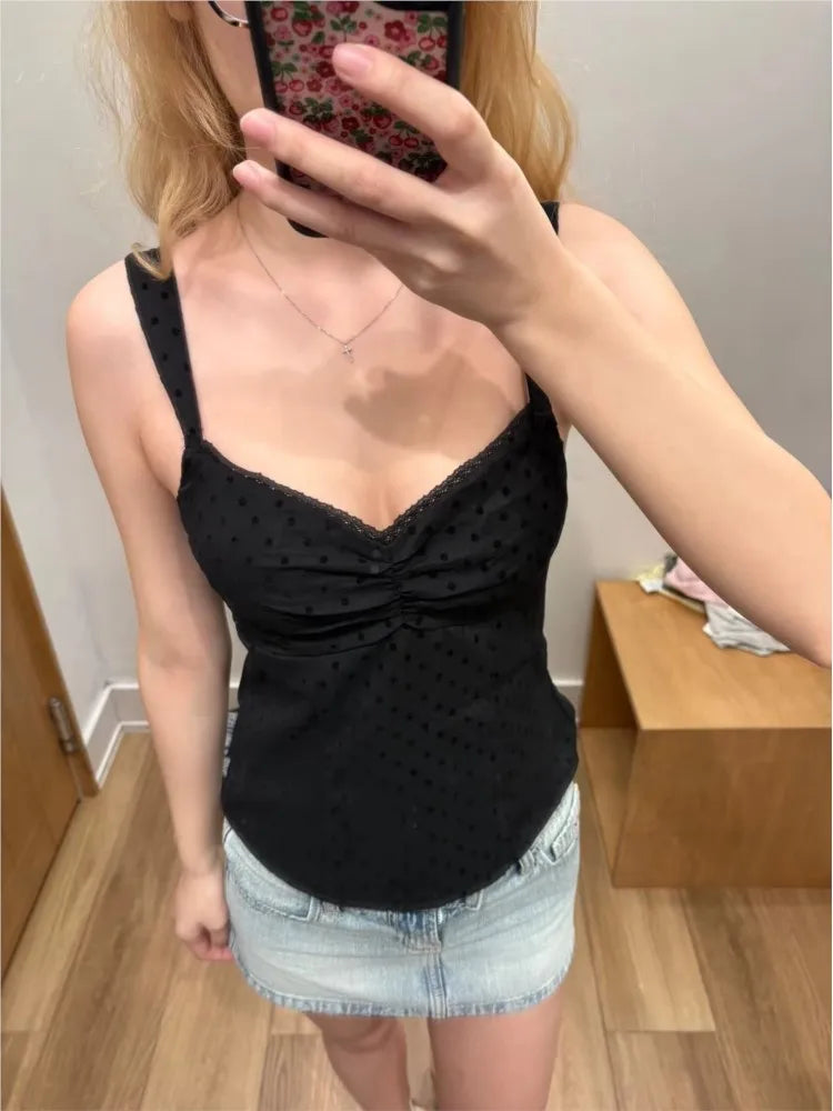 New Polka Dot Slim Crop Top Women Summer Lace Trim Folds V-neck Camisole Female Sweet Preppy Style Cute Short Tank Tops Y2K