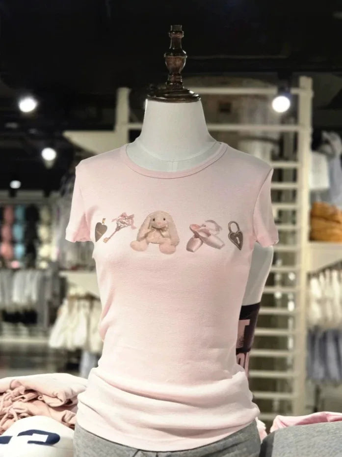 Cartoon Print Slim T-shirts Woman Summer Casual O-neck Cotton Short Sleeve T-shirts Female Cute Sweet Preppy Style Tee Tops y2k