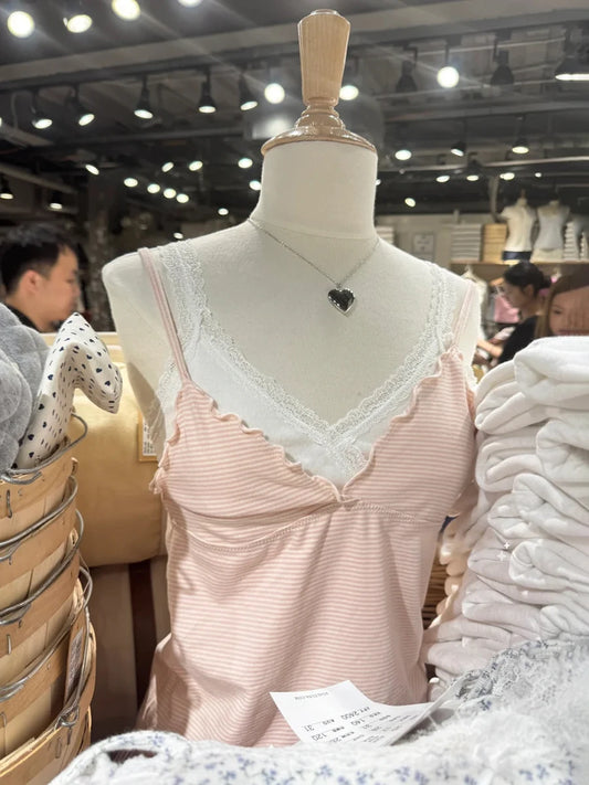 Ruffles Pink Striped Tank Tops Women Summer New Cotton V-neck Sleeveless Slim Cropped Camisole Sweet Preppy Style Y2K Crop Top