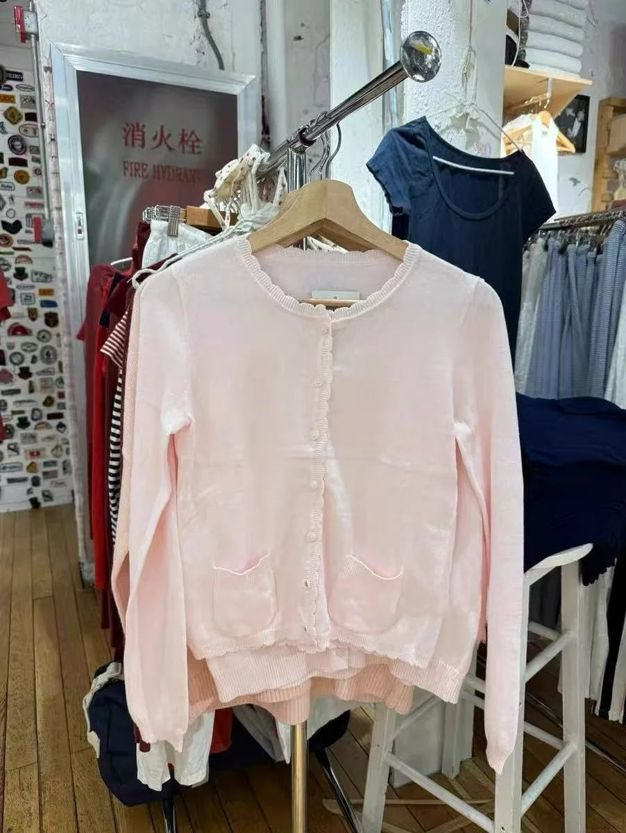 Pink Sweet Pocket Knit Sweater Coat Women Autumn Lace Trim Neck Button Casual Solid Jumper Tops Sweet Cute Preppy Style Cardigan