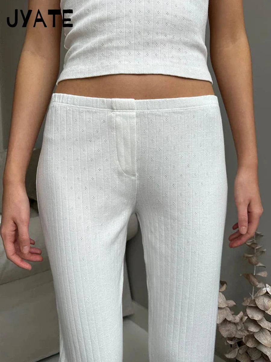 White Eyelet Straight Long Pants Women 2024 New Cotton Soft Casual Button High Waist Trousers Sweet Cute Vintage Pajama Pant Y2K