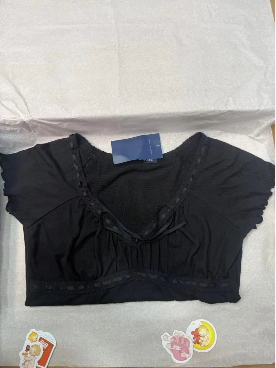 Black Folds V-neck Drawstring T-shirts Women Summer New Slim Casual Short Sleeve Tees Streetwear Vintage Chic Tshirt Y2K Tops