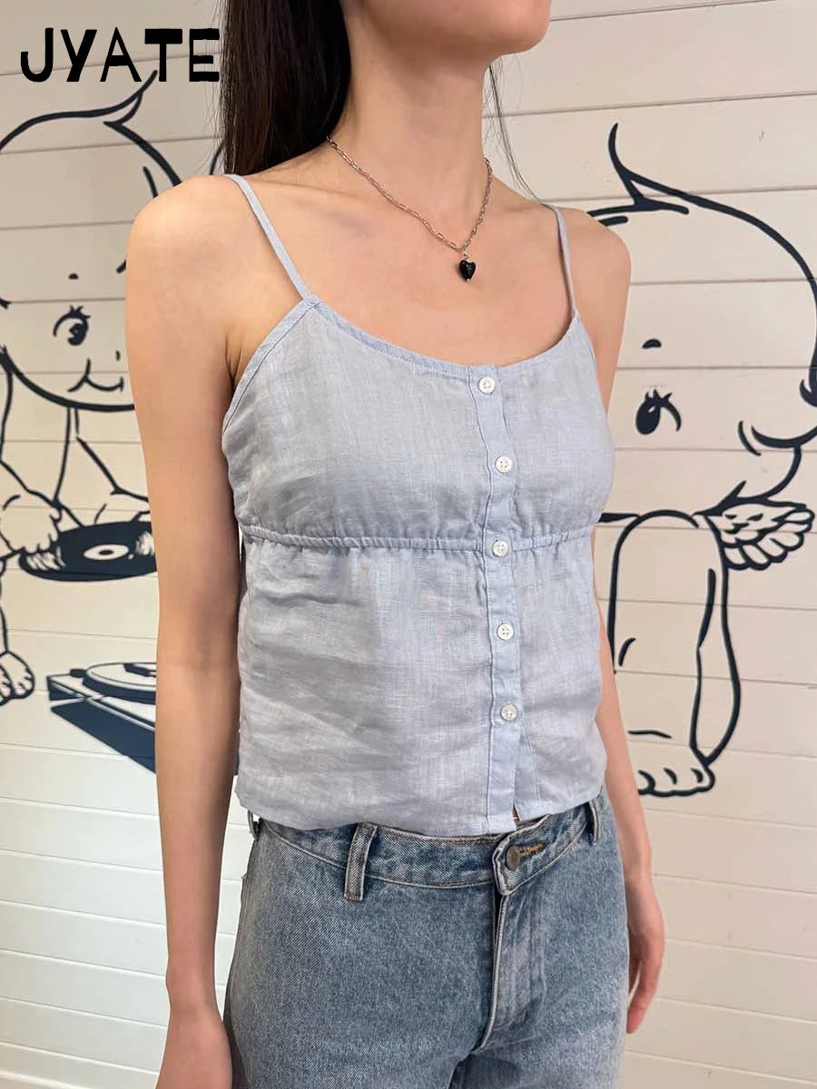 Vintage Single Breasted Cotton Tank Tops Women Elastic Waist Casual Preppy Style Sleeveless Vests Sweet Cute Streetwear Camisole