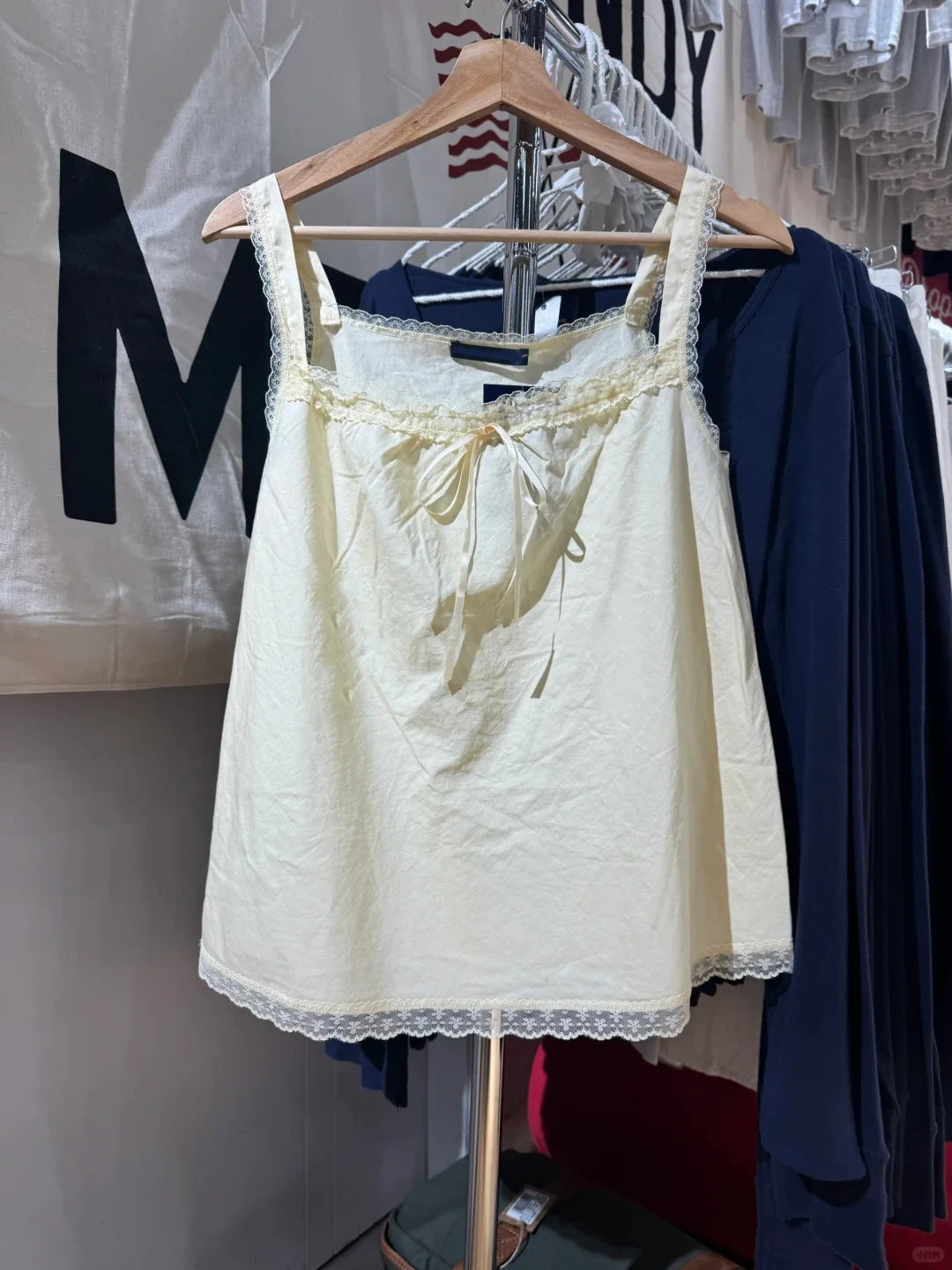 Butter Yellow Lace Trim Long Camisole Women Summer Casual Streetwear Simple Thin Bow Square Neck Tank Tops Sweet Cute Y2K Vests