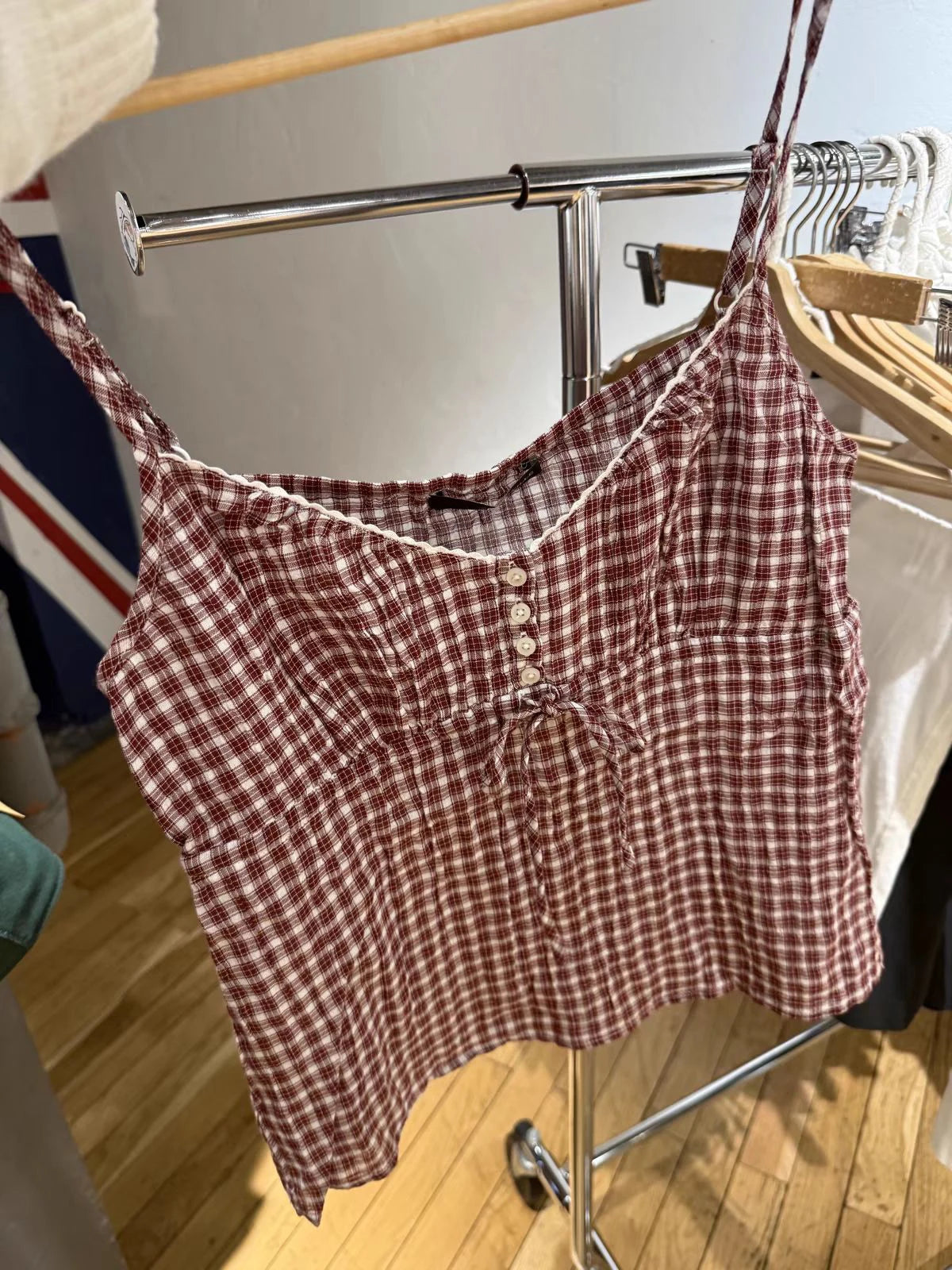 Red Plaid Drawstring Tank Top for Woman Summer Buttons V-neck Cotton Slim Camisole Female Vintage Preppy Style Sweet Crop Tops