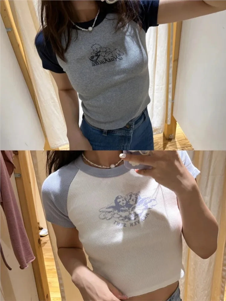 Angel Print Cute Crop Tops Women Casual Streetwear Summer Cotton Slim Sweet Short Sleeve Tees Chic Simple Vintage Y2K T-shirts