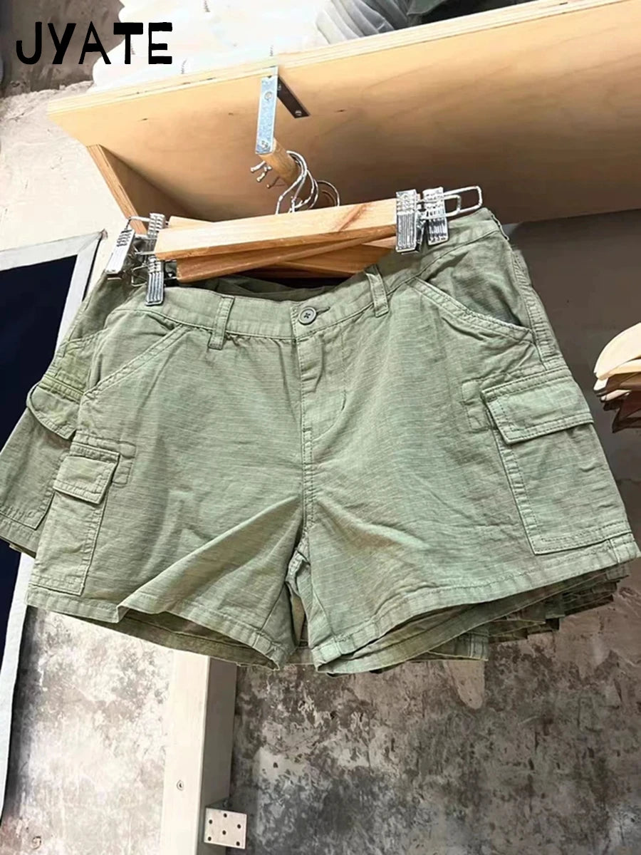 Vintage Solid Pockets Straight Short Pants Women Cotton Streetwear Casual High Waist Sweatpants Harajuku Chic Y2K Cargo Shorts