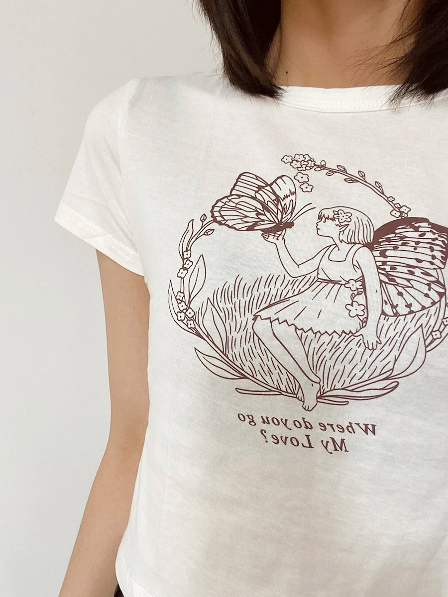 Print Crop Tops Women Summer Casual Streetwear Simple Cotton O-neck Slim Short Sleeve Tees Sweet Preppy Style Chic T-shirts Y2K