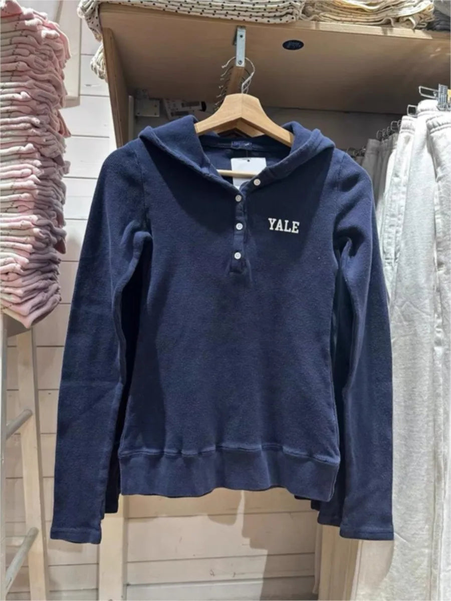 Letter Print Navy Hooded Cotton T-shirt Women Five Button Slim Waffle Long Sleeve Tee Shirt Casual Streetwear Vintage Tshirt Y2k