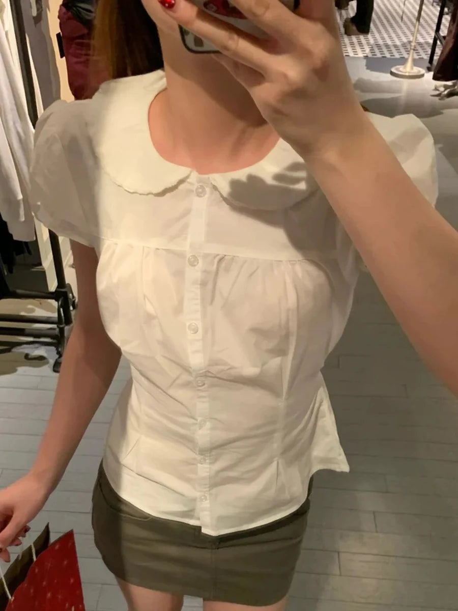 Sweet Peter Pan Collar Blouse Women Casual Streetwear Buttons Short Sleeve Tees Cute Preppy Style Chic T-shirts Y2K Blouses