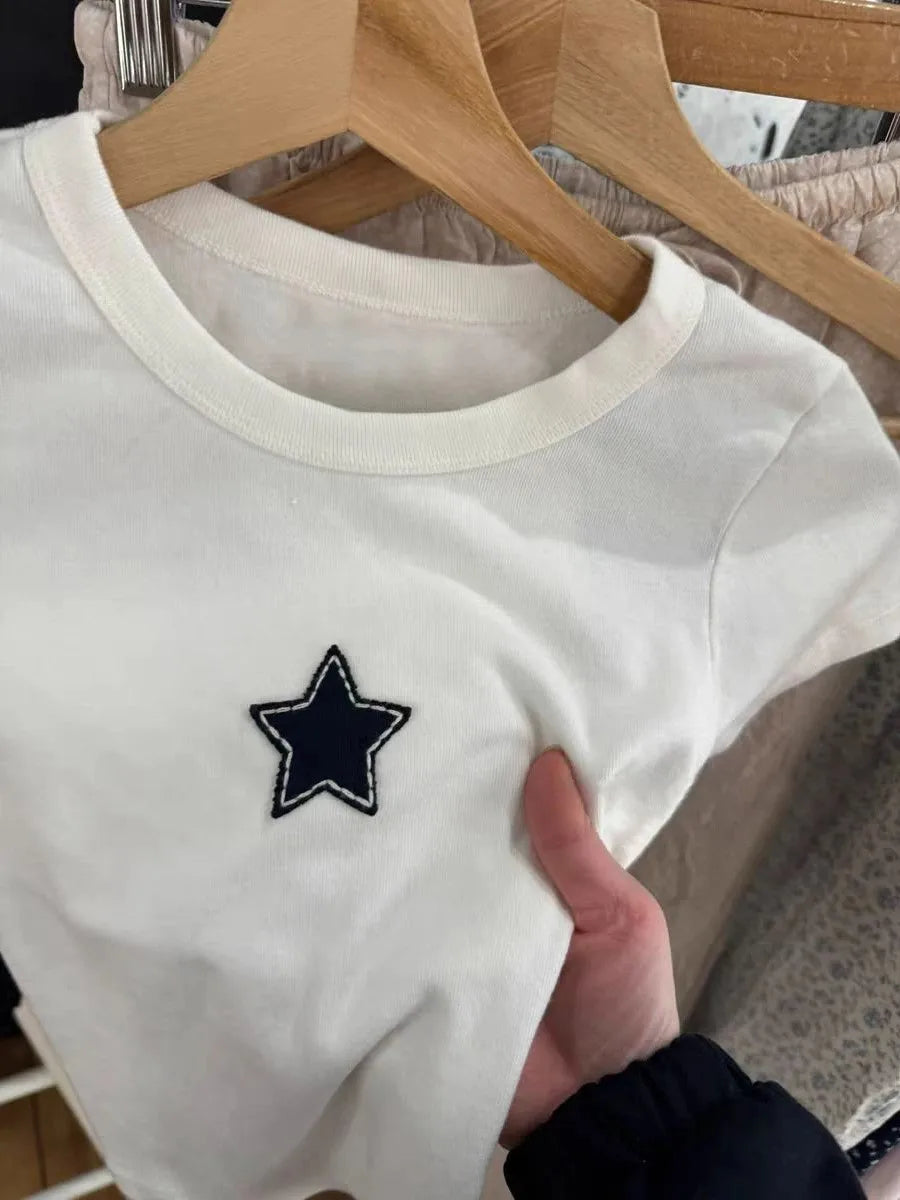 Sweet Star Appliques Slim Crop Top Woman Round Neck Short Sleeve Cotton Cropped T Shirt Summer Cute All-match T-shirts Y2K Tops