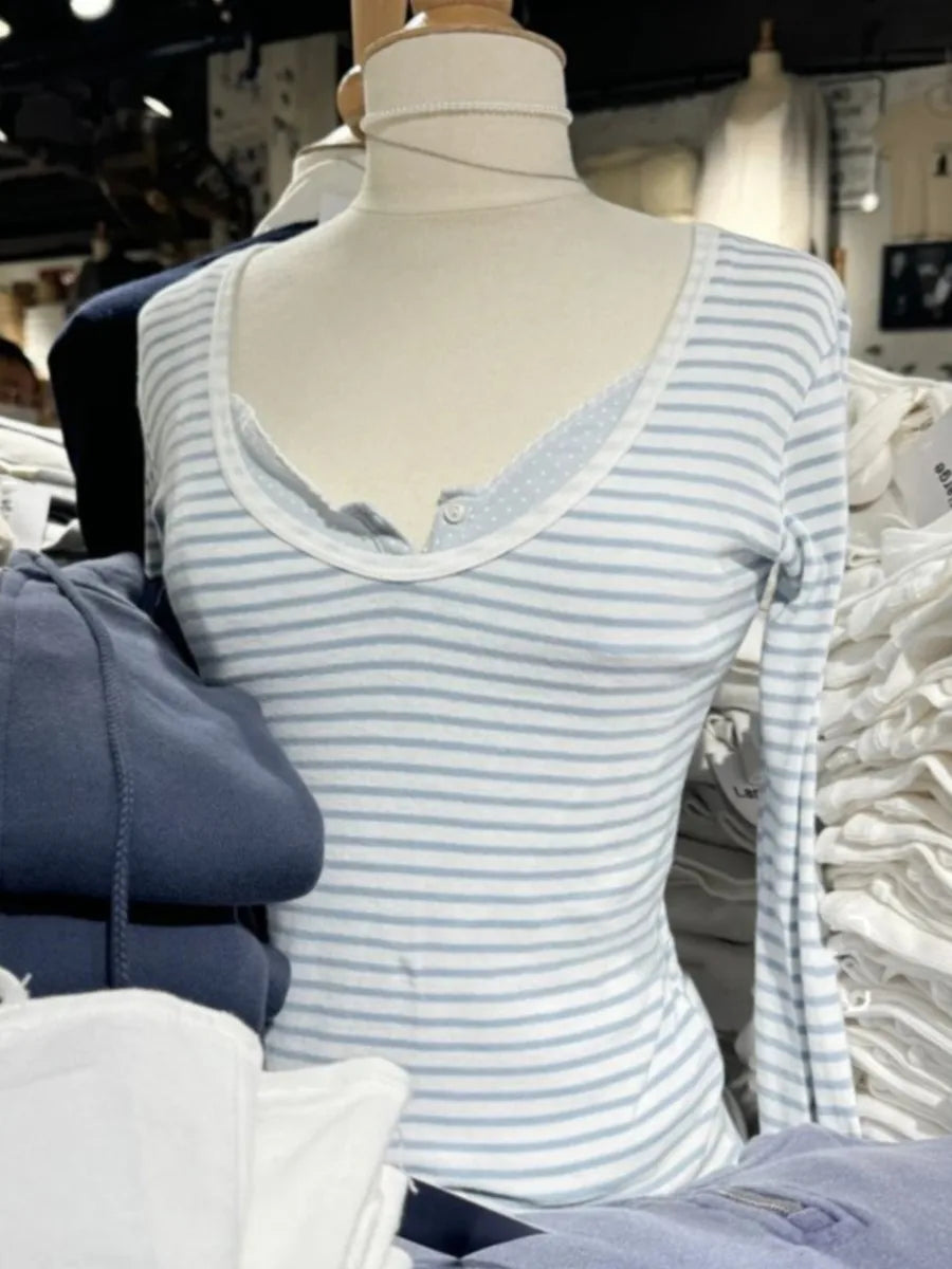 Sweet Blue Striped Long Sleeve T-shirt Women Autumn V-neck Cotton Slim Tee Tops Femme Vintage Streetwear Preppy Style Tshirt New
