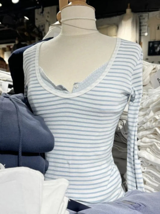 Sweet Blue Striped Long Sleeve T-shirt Women Autumn V-neck Cotton Slim Tee Tops Femme Vintage Streetwear Preppy Style Tshirt New