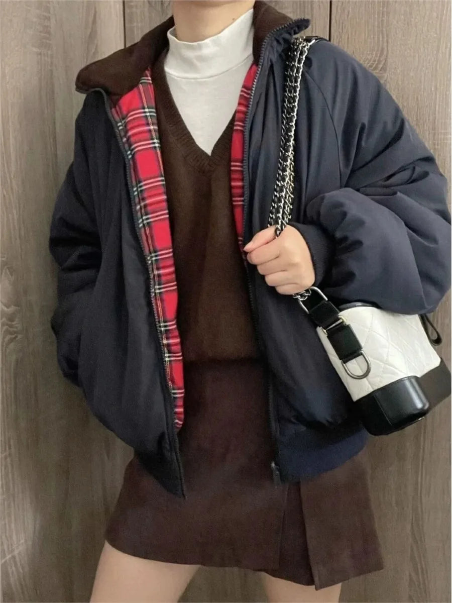 Sweet Double-sided Loose Jacket Women Stand Collar Solid Cotton Warm Casual Outerwear Street Vintage Chic Jackets Tops Female