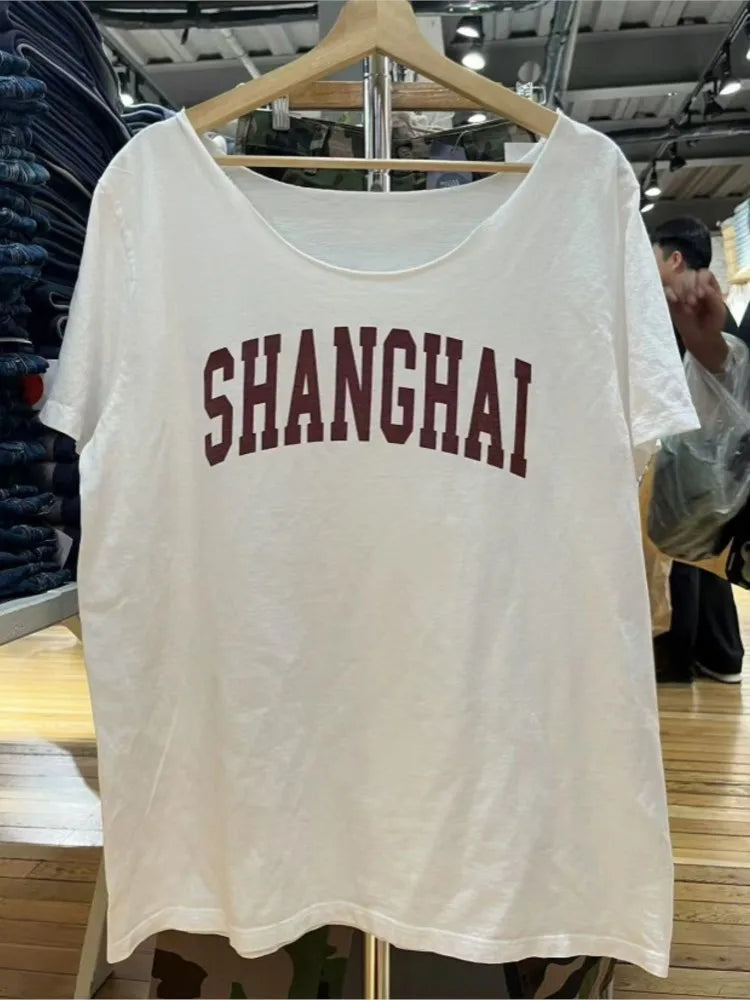 Letter Print Slash Neck T-shirts Women Summer Casual Simple Sexy Loose Short Sleeve Tees Vintage Chic Preppy Style Tops Y2K New