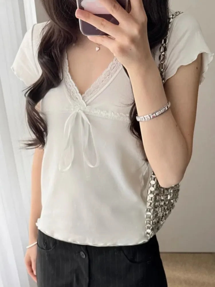 White Lace Trim Slim T-shirt Woman Summer Bow V-neck Fungus Short Sleeve Tee Shirts Female Causal Simple Sweet Cotton Crop Tops