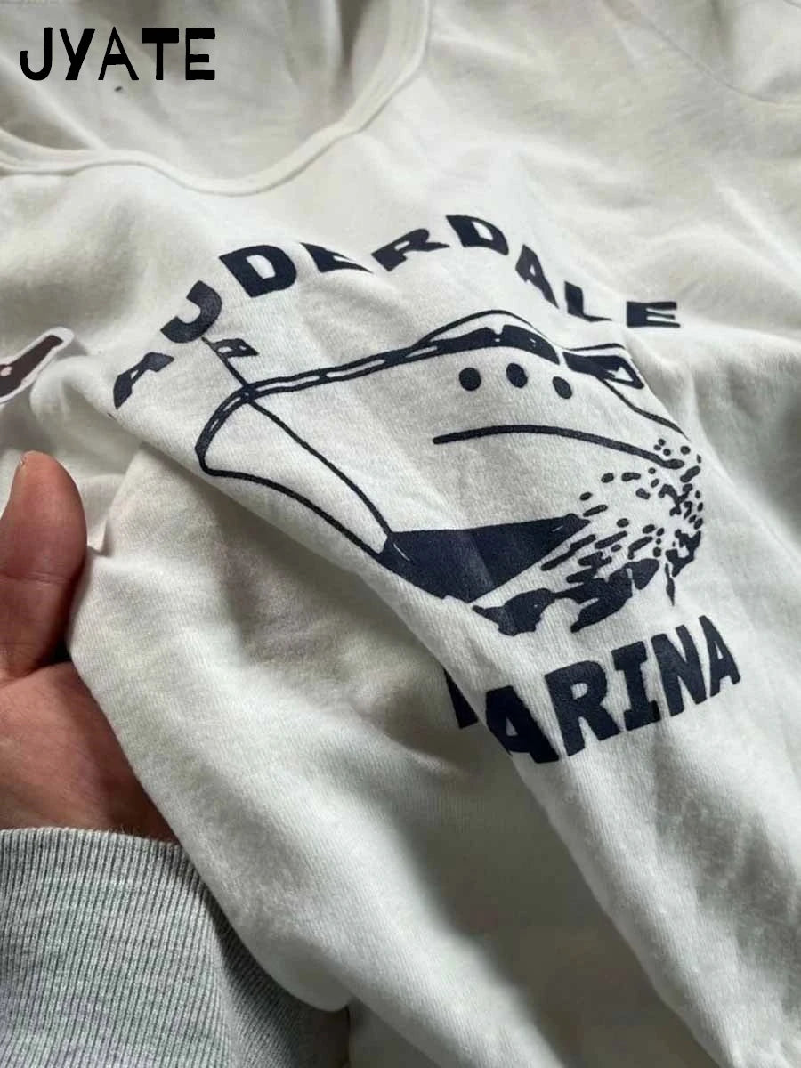 Boat Print Cotton Soft White T-shirts Women Summer Casual Streetwear Simple O-neck Short Sleeve Tees Sweet Chic Harajuku Tops