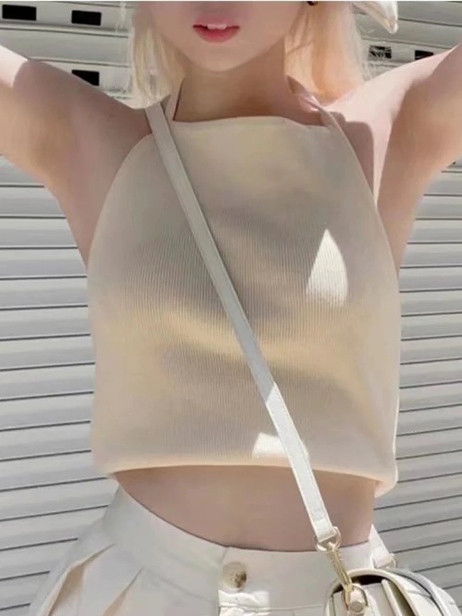Fashion Solid Knitted Slim Camis Women New Cotton Sexy Backless Lace-up Simple Basic Crop Tops Sweet Cute Vintage Y2K Tank Tops