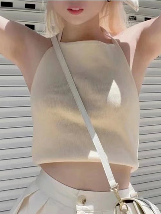 Fashion Solid Knitted Slim Camis Women New Cotton Sexy Backless Lace-up Simple Basic Crop Tops Sweet Cute Vintage Y2K Tank Tops