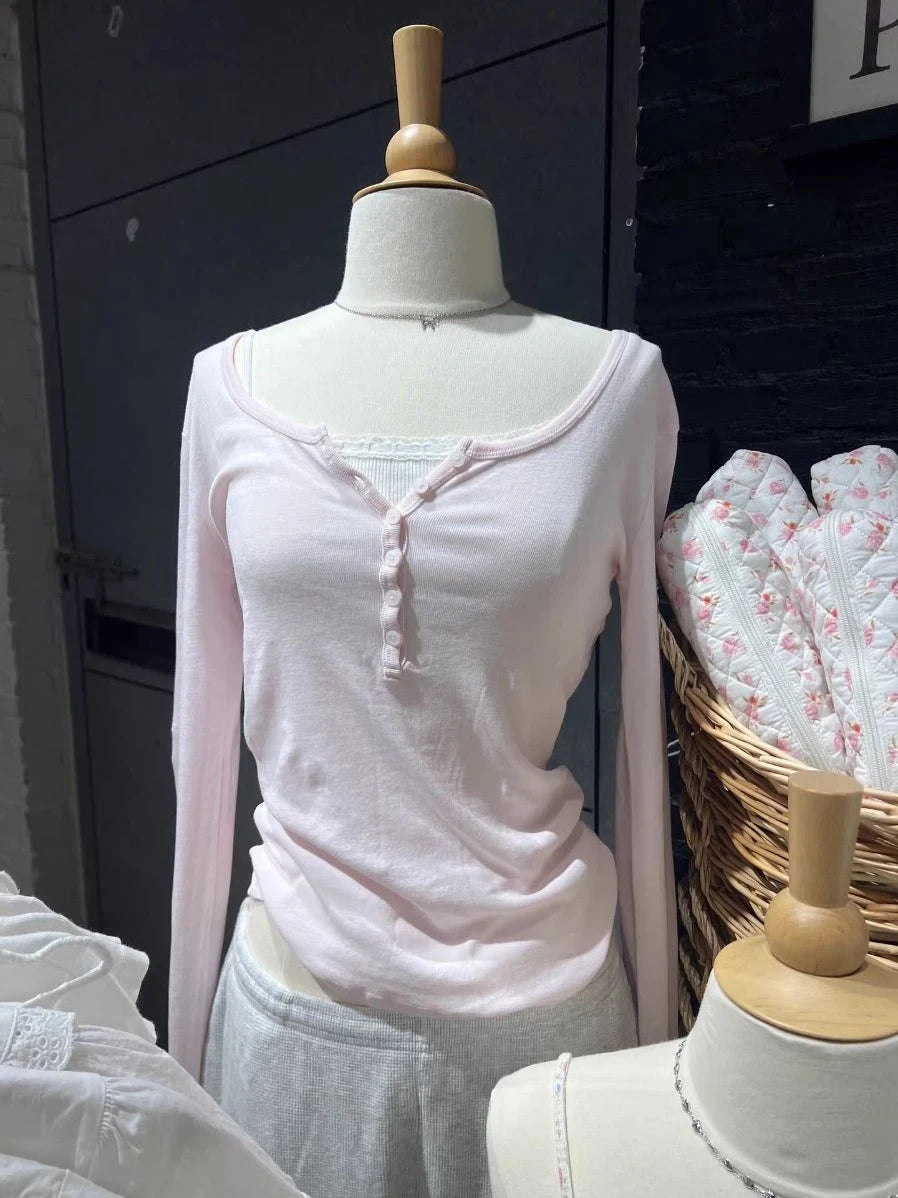 Pink Six Buttons Thin Long Sleeve T-shirts Women Spring Round Neck Cotton Slim Tee Top Female Cute Sweet Tshirt Y2k Tops New