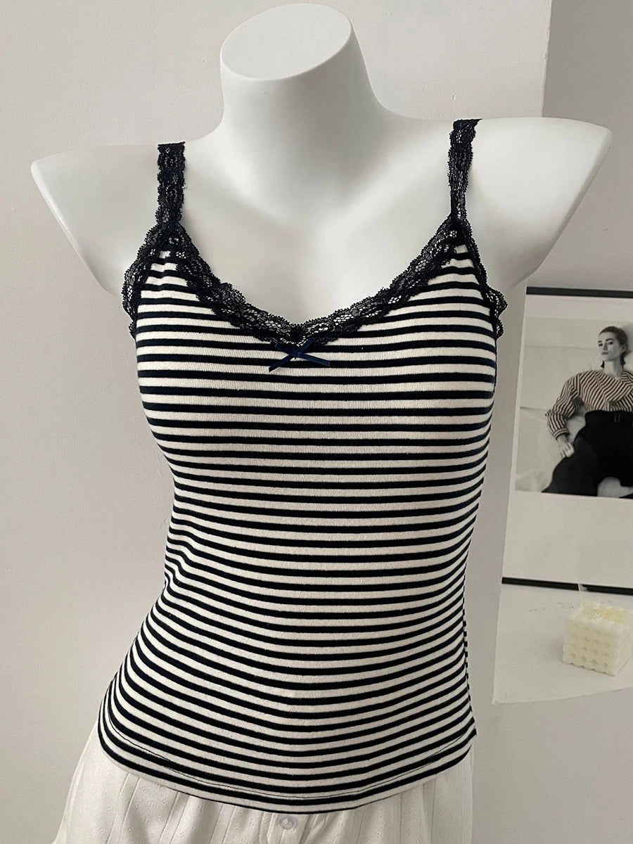 Floral Bow Lace Trim Crop Tops Women Summer Preppy Style Sleeveless Slim Cotton Tank Top Sweet Cute Vintage Camisole Clothes