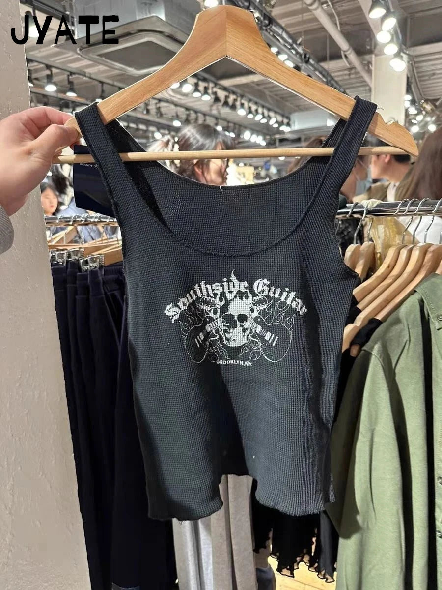 Fashion Skull Graphic Print Waffle Tank Tops Women New Casual Preppy Style Slim Sleeveless Vests Harajuku Vintage Chic Camis Y2K