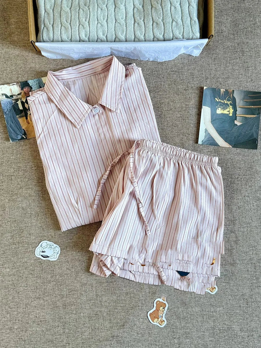 Sweet Pink Striped Blouse Women Summer Casual Streetwear Slim Short Sleeve Buttons T-shirts Cute Preppy Style Tshirt Y2K