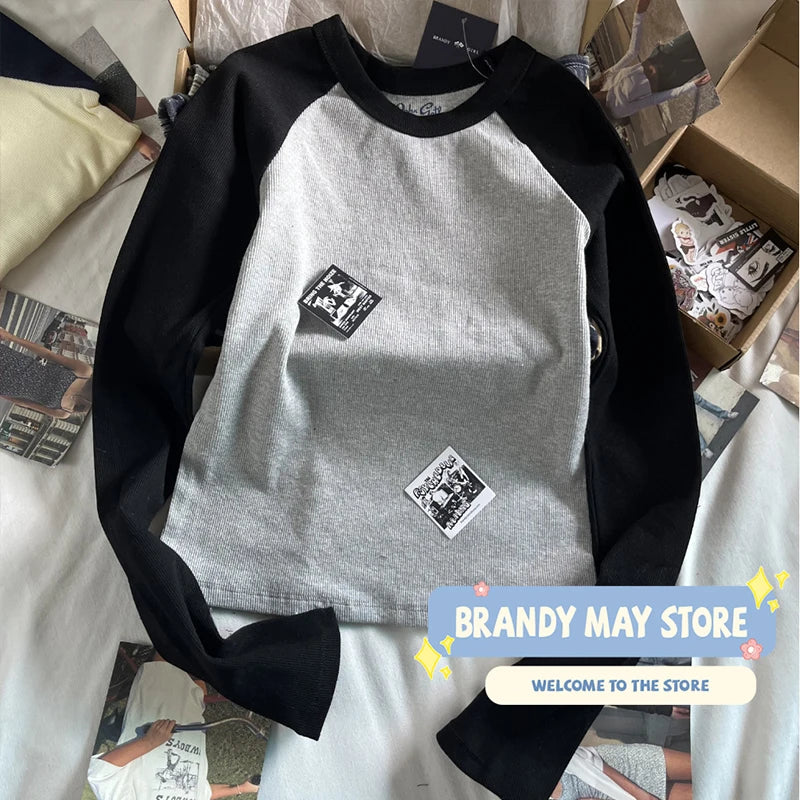 Retro Patchwork Ribbed T-shirt Women Autumn Casual O-Neck Cotton Long Sleeve Tee Shirt Vintage Streetwear Chic T Shirt Y2K Tops