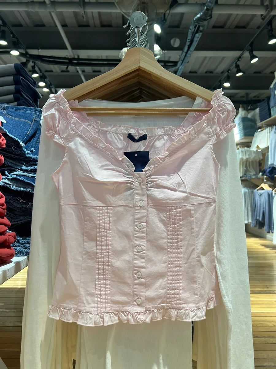 Sweet Pink Folds Blouse Top Women Summer Casual Single Breasted Ruffle Sleeveless Tank Tops Vest Female Cute Preppy Style Camis