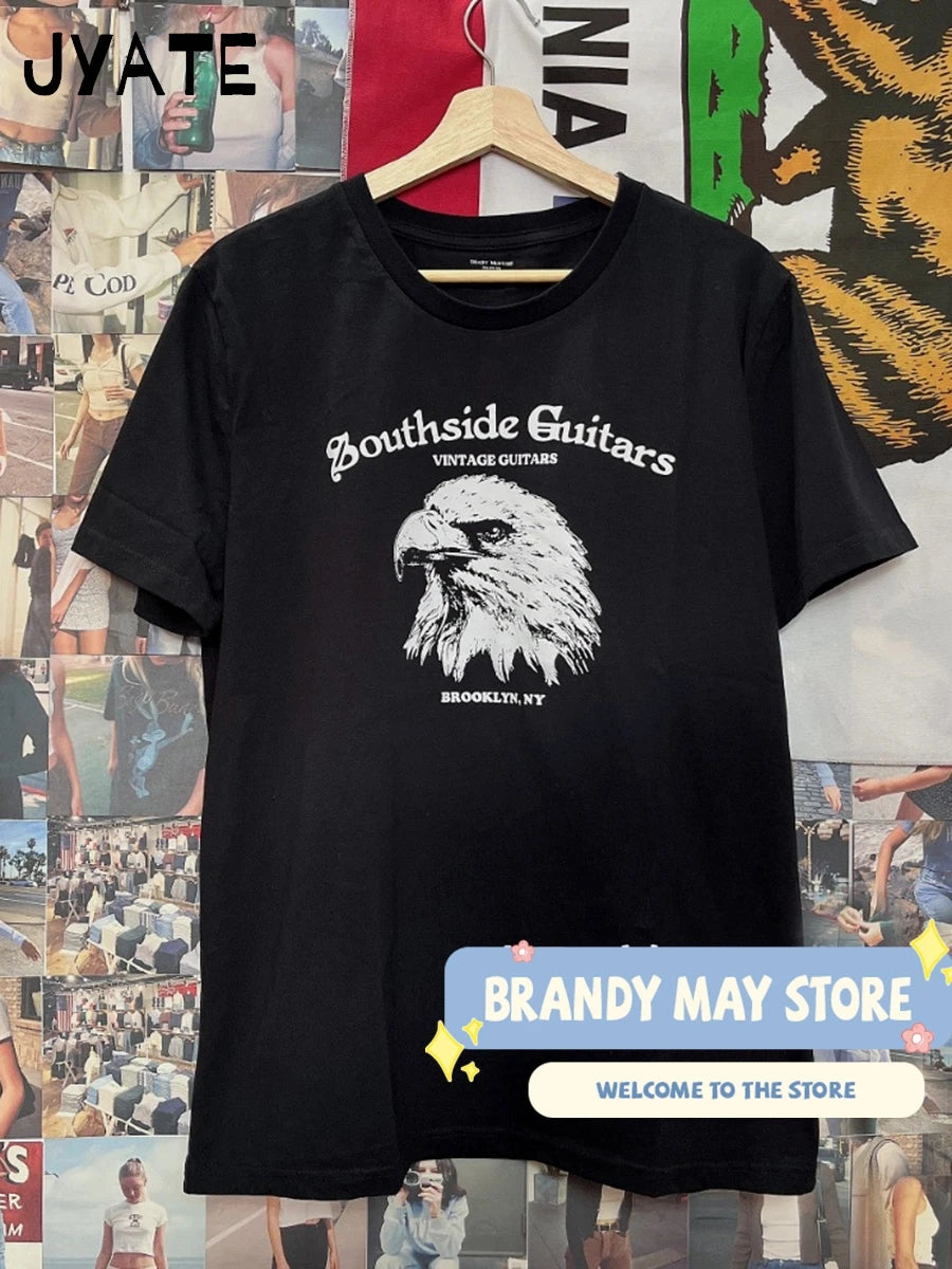 Eagle Print Black Loose T Shirt Women Summer Streetwear Casual Preppy Style Short Sleeve Tee Vintage Harajuku Chic T-shirts Y2K