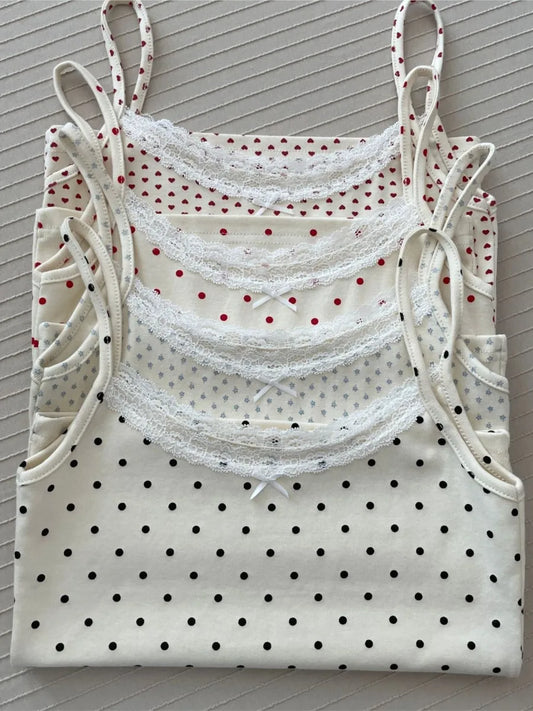 Cute Print Lace Trim Bow Tank Tops Women Cotton Casual Slim Sleeveless Crop Top Female Sweet Preppy Style Camisole Y2K Clothes