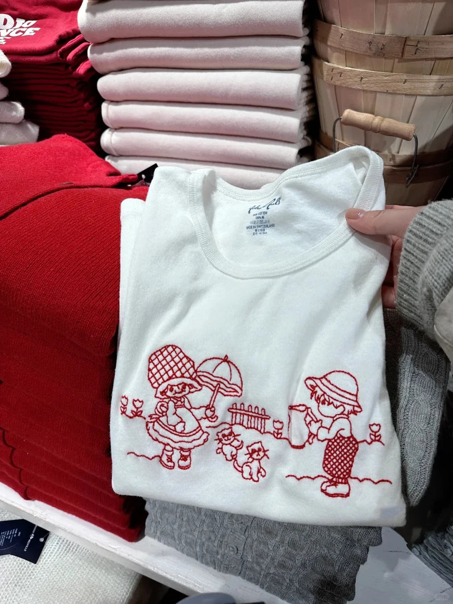 Girls and Cats Embroidery Slim T-shirt Women New Cotton Round Neck Short Sleeve Tees Sweet Preppy Style Cute Top Y2k T shirts