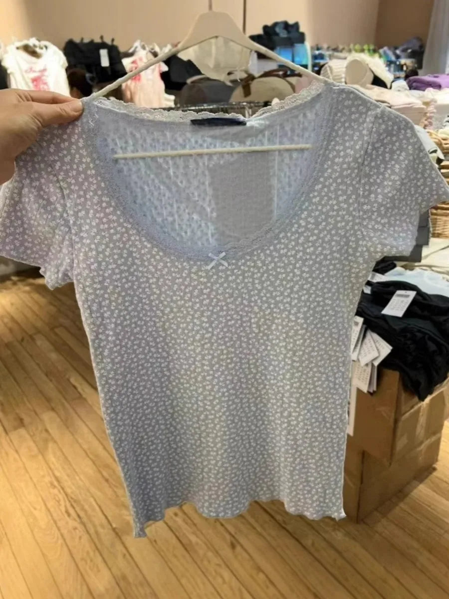 Lace Trim Floral Short Sleeve Tees Women Summer New Casual Cotton Blue Bow O-neck Top Tshirt Sweet Preppy Style Cute T-shirt Y2K
