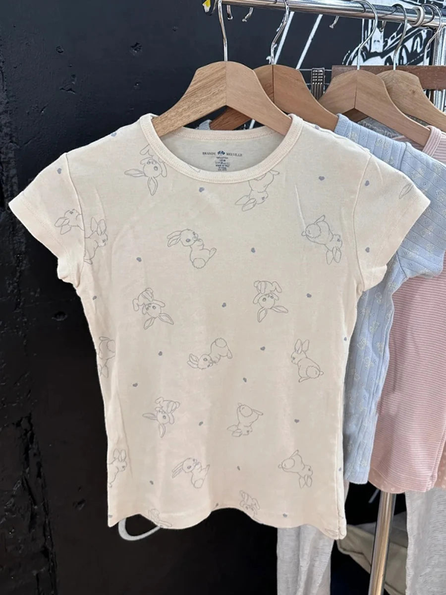 Rabbit Print T-shirts+Eyelet Long Pant Women Summer New Cute Cotton Casual Pajama 2 Piece Set Sweet Vintage Trouser Two Sets Y2K