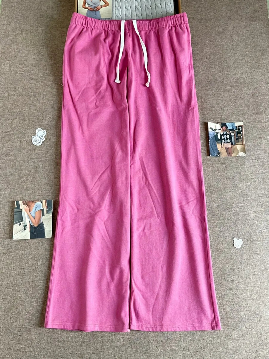 Rose Pink Drawstring Straight Sweatpants Women High Waist Cotton Simple Sport Long Pant Sweet Vintage Casual Y2K Sweatpants